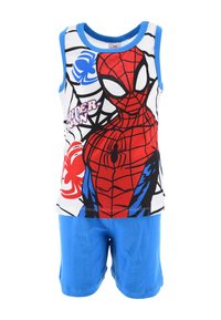 Boys’ two-piece outfit featuring a sleeveless white top with Spider-Man graphic, blue accents, and blue shorts. Made from soft cotton material.