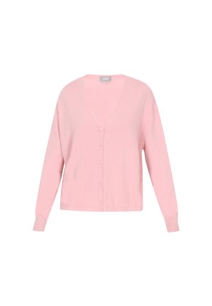 Roza kardigan iz mehkega pletenega materiala, z V-izrezom, dolgimi rokavi in gumbom spredaj. Enostavna zasnova brez vzorcev.