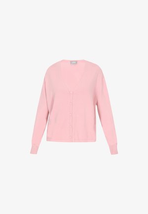 Roza kardigan iz mehkega pletenega materiala, z V-izrezom, dolgimi rokavi in gumbom spredaj. Enostavna zasnova brez vzorcev.