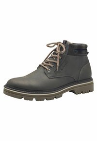 Bottine en cuir gris à bout rond, lacets marron et poignet texturé. Dotée d'une semelle en caoutchouc beige avec un profond cramponnage pour une bonne traction.