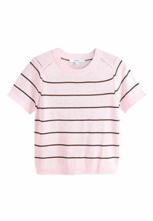Lyserød kortærmet sweater med mørke vandrette striber og ribstrikket rund halsudskæring, manchetter og kant, mærket "NEXT" inde i kraven.