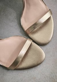 Kultaiset metalliset korkokengät, joissa on sileä hihna ja mantelinmuotoinen kärki. Sisäpohja on vaalean beige, mikä luo kontrastin ulkopinnan kanssa.