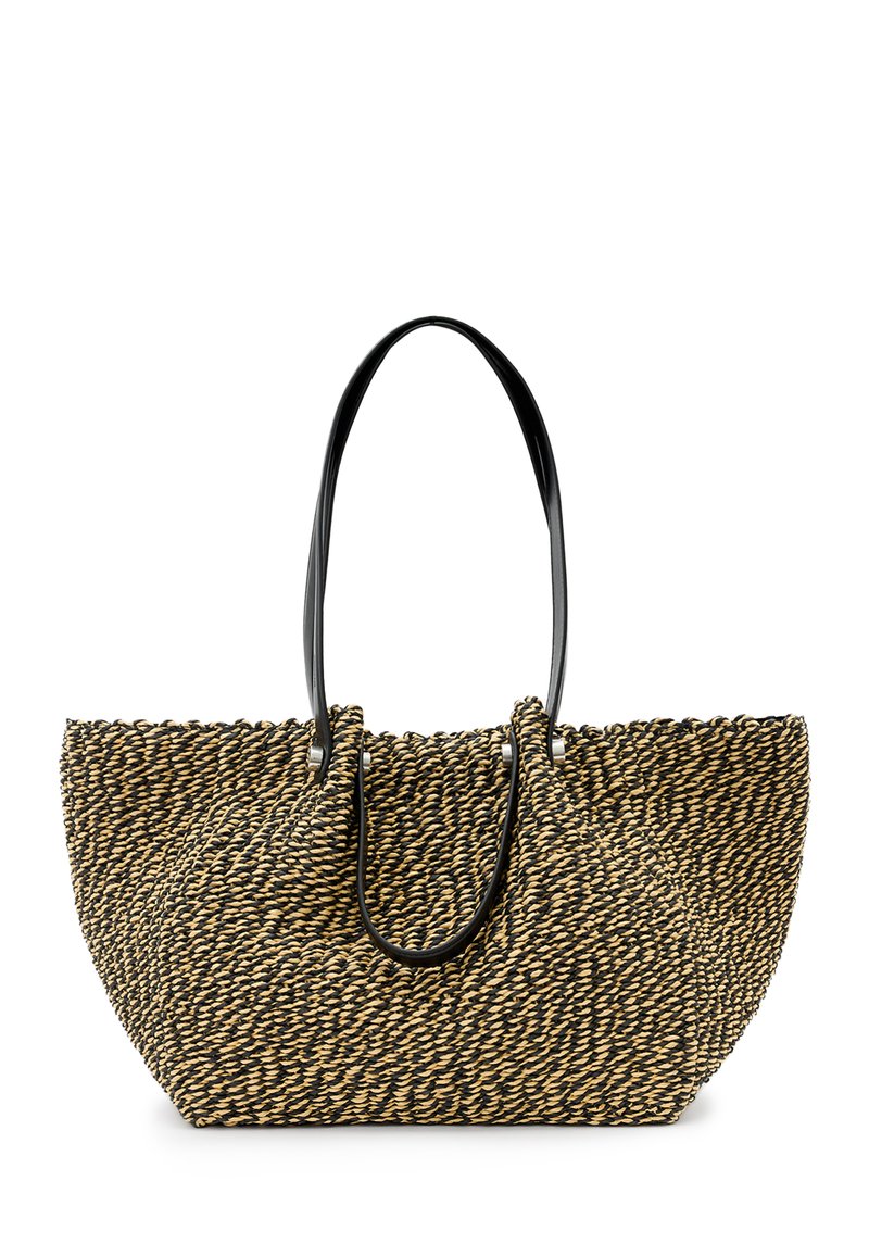 Borsa tote intrecciata nei toni del nero e naturale, con una forma arrotondata, due manici neri e superficie testurizzata.
