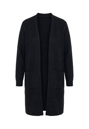 Długi czarny otwarty kardigan dzianinowy z długimi rękawami i dwoma naszywanymi kieszeniami z przodu, pokazany na białym tle.