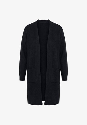 Langer schwarzer offener Strickcardigan mit langen Ärmeln und zwei aufgesetzten Taschen vorne, auf weißem Hintergrund dargestellt.