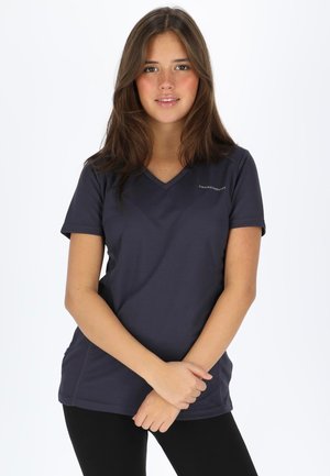 Navy short-sleeve V-neck t-shirt made from lightweight fabric, featuring a small logo detail on the upper left side.