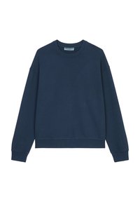 Sudadera azul marino de algodón suave, con cuello redondo, mangas largas y puños y dobladillo acanalados. Diseño simple y sin adornos.