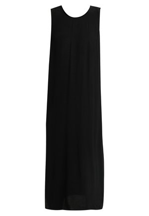 Długa czarna sukienka bez rękawów z okrągłym dekoltem i prostym, luźnym krojem.