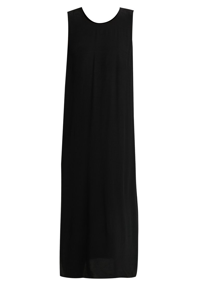 Robe longue noire sans manches avec encolure ronde et coupe droite, ample.