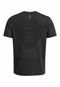 Short-sleeve black athletic shirt with a textured back panel, featuring mesh accents and vertical stripe detailing for ventilation.