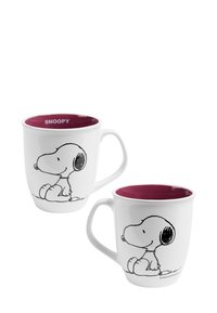 Tazza in ceramica bianca con interno viola, caratterizzata da un disegno a linee di Snoopy. Il manico è semplice ed ergonomico, garantendo una presa facile.