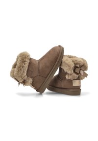 Botas de tobillo de ante marrón con forro de piel de oveja suave, punta redondeada y un lazo decorativo en la parte trasera. Suela de goma gruesa para mayor tracción.