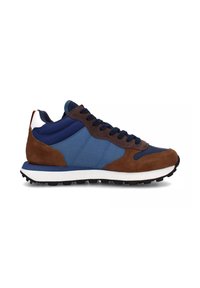 Sneakers premium in tela blu e camoscio marrone, con suola bianca, accenti blu navy e una finitura testurizzata per una migliore aderenza.