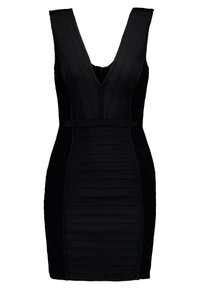 Robe noire sans manches avec un décolleté en V plongeant, un tissu texturé en côtes, et une silhouette ajustée avec un panneau central lisse et des accents en dentelle sur les côtés.