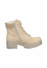 Beżowe botki za kostkę o teksturowanej powierzchni, sznurowanym przodzie, bocznym zamku błyskawicznym i masywnej, ząbkowanej podeszwie. Miękka podszewka na górze.