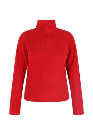 Rode fleece pullover met hoge hals en kwart-ritsontwerp. Heeft lange mouwen en een gladde, zachte textuur. Geen patronen of accenten.