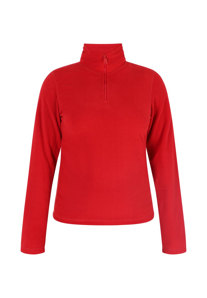 Rode fleece pullover met hoge hals en kwart-ritsontwerp. Heeft lange mouwen en een gladde, zachte textuur. Geen patronen of accenten.