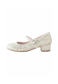 Glitzernde Kinder-Mary-Jane-Schuhe in Silber, mit abgerundeter Zehe, Knöchelriemen mit einer metallischen Schnalle und einem niedrigen Blockabsatz.