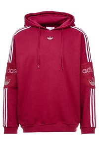 Mörkröd hoodie med vita Adidas-randiga ärmar, justerbar dragsko på huvan och broderad logotyp på bröstet och ärmarna.