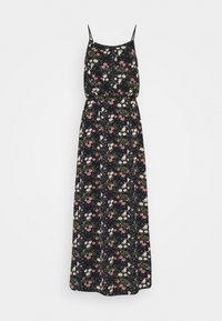 Robe longue en tissu foncé avec motif floral. Comprend des bretelles fines, une taille élastique et une silhouette fluide. Accents de rose, blanc et vert.