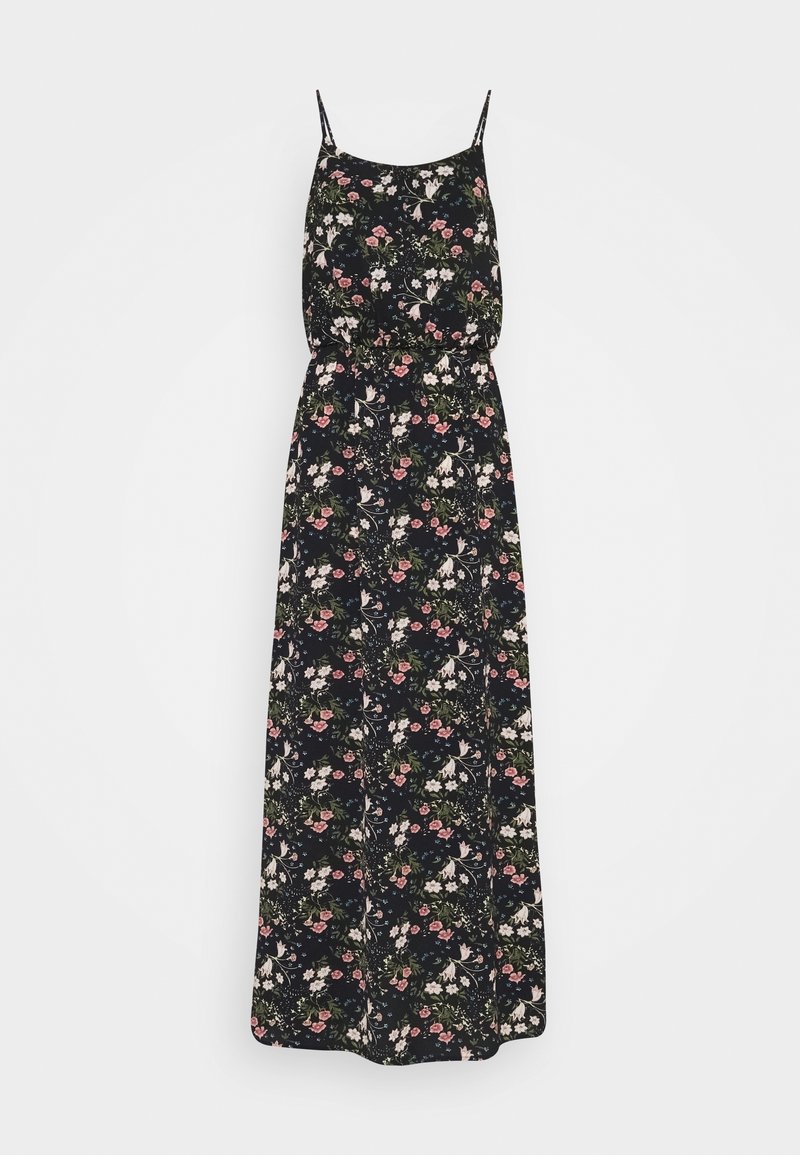 Robe longue en tissu foncé avec motif floral. Comprend des bretelles fines, une taille élastique et une silhouette fluide. Accents de rose, blanc et vert.