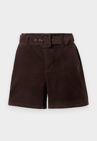 Shorts en corduroy marron avec une large ceinture, des boutons et des passants pour la ceinture. Présente une texture côtelée verticale et une coupe ajustée.