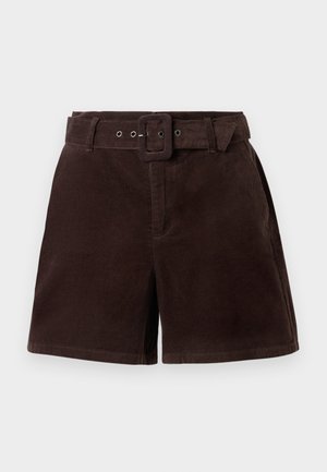 Brown corduroy shorts with a wide belt, buttons, and belt loops. Features vertical ribbed texture and a tailored fit.