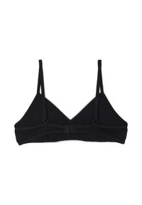 Reggiseno nero con coppa morbida, spalline sottili regolabili, chiusura a gancio sul retro e delicata rifinitura in pizzo lungo i bordi superiori.