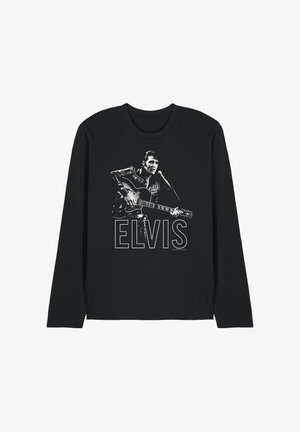 Schwarzes Langarmshirt mit einem schwarz-weißen Motiv eines Mannes, der Gitarre spielt und in ein Mikrofon singt, darunter der Schriftzug "ELVIS".