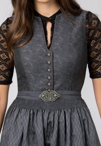 Gray floral-patterned dress with a fitted bodice, a plunging neckline, decorative buttons, and a pleated skirt. Includes a silver belt buckle.