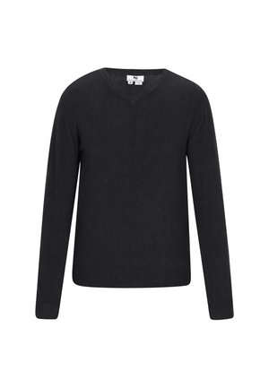 Black long-sleeve V-neck pullover, made of soft material with a smooth texture, featuring a minimalist design and no additional patterns or accents.