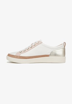 White sneaker with pink suede and metallic silver accents. Features rounded toe, lace-up front, and a textured rubber sole.