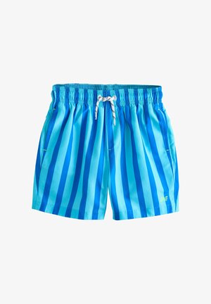 Costume da bagno a righe blu con vita elasticizzata e coulisse bianca, dotato di tasche laterali e un piccolo logo giallo sulla gamba.