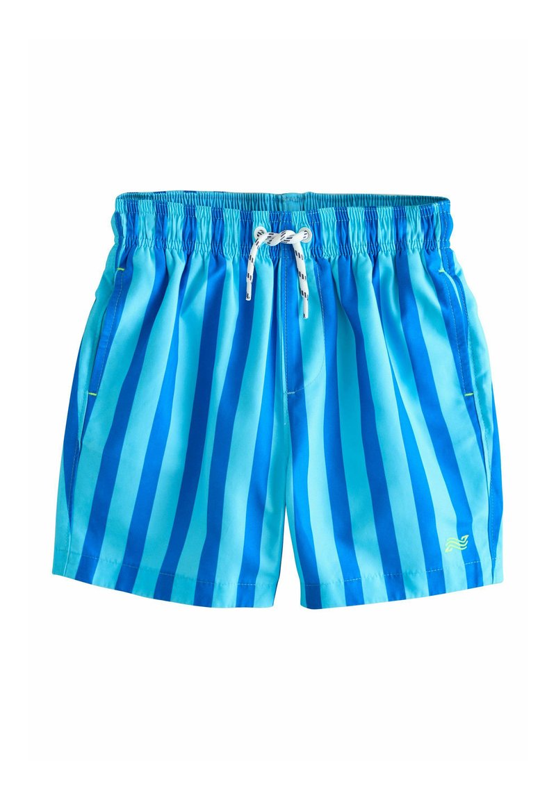 Blaue gestreifte Badeshorts mit elastischem Bund und weißem Kordelzug, ausgestattet mit Seitentaschen und einem kleinen gelben Logo am Bein.