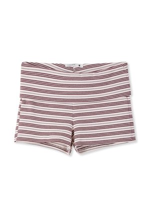 Złożone spodenki wykonane z prążkowanej tkaniny w poziome paski w kolorach bordowym i beżowym, z szerokim pasem i metką z rozmiarem wewnątrz.
