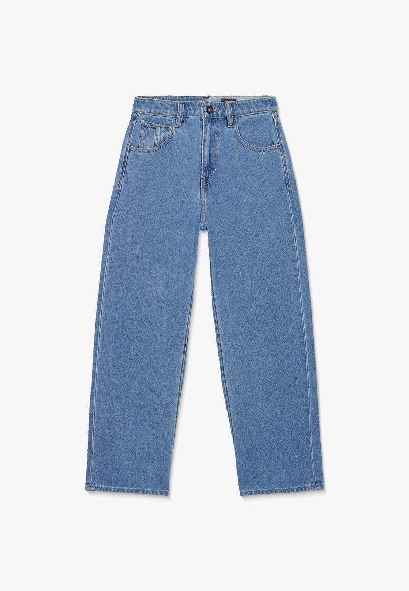 Jean bleu taille haute, jambes droites avec poches avant, passants pour ceinture, fermeture par bouton et coutures visibles sur fond blanc.