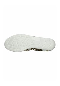 Weißer Sneaker-Sohle aus texturiertem Gummi, mit einem wellenförmigen Muster und einem Blättermotiv in Grüntönen und Brauntönen entlang der Seite.