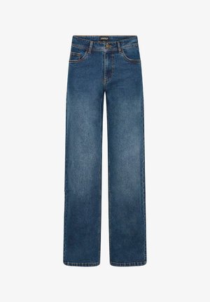 Vidde denimjeans med mørkeblå vask, med sømdetaljer, fem lommer og en knappelukking foran. Glatt tekstur med en klassisk passform.