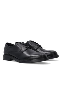 Schwarze Leder-Halbschuhe mit abgerundeter Zehenpartie, Schnürdesign und flacher Gummisohle. Glatte Textur und saubere Nähte.