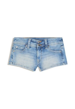 Shorts en denim bleu clair avec un effet délavé, deux boutons à la taille, design à cinq poches et détails de surpiqûres contrastées.