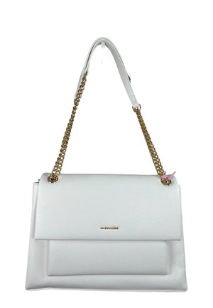 Borsa a tracolla in pelle bianca con tracolla a catena dorata e chiusura a patta, con piccolo logo dorato del marchio sul fronte.