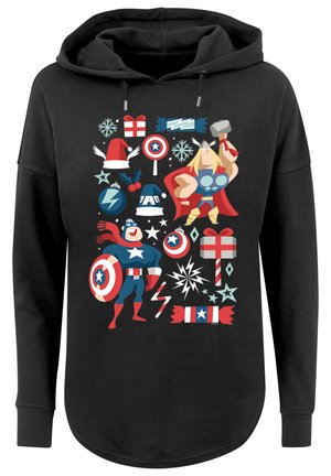 Schwarzes Hoodie mit bunten Cartoonfiguren in Actionposen, festlichen Elementen und verschiedenen Formen, darunter Sterne, Geschenke und Süßigkeiten.