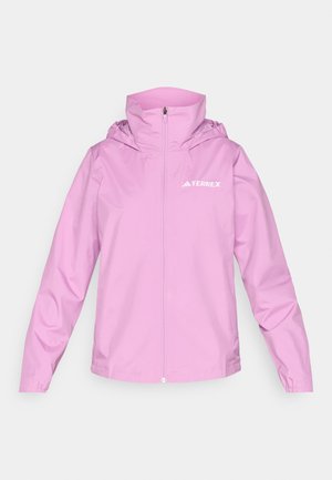 Roza vodoodbojna jakna s kapuco, z zadrgo in elastičnimi manšetami. Na prsih je logotip "Terrex". Iz gladkega, lahkega materiala.