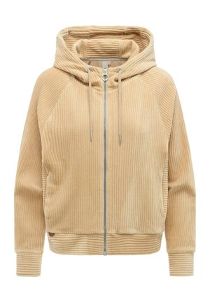 Beige gerippter Cord-Jacke mit Reißverschluss, Kordelzugkapuze, langen Ärmeln sowie gerippten Bündchen und Saum.