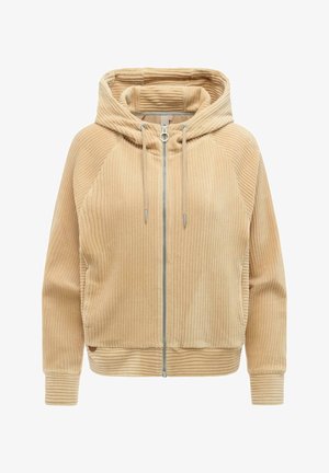 Beżowa, prążkowana bluza na zamek z sztruksu z kapturem na sznurki, długimi rękawami oraz prążkowanymi mankietami i dolnym wykończeniem.
