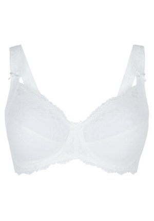 Witte kanten beha met een glad ontwerp, verstelbare bandjes en een delicate satijnen strik in het midden. Zachte textuur met kanten accenten.