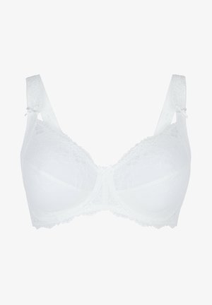 Weißer Spitzen-BH mit einem glatten Design, verstellbaren Trägern und einer zarten Satinschleife in der Mitte. Sanfter Stoff mit Spitzenakzenten.