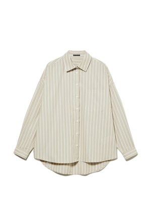 Chemise à manches longues beige rayée avec un devant à boutons, une poche poitrine et un ourlet incurvé. Tissu doux avec des rayures blanches subtiles et une coupe décontractée.