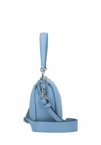 Borsa a tracolla in pelle blu con forma arrotondata, dotata di una tracolla rimovibile, hardware in argento e una texture liscia.