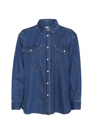 Donkerblauwe denim shirt met lange mouwen, knoopsluiting, spitsel kraag en twee borstzakken. Heeft een vervaagde textuur en contrasterende stiksels.